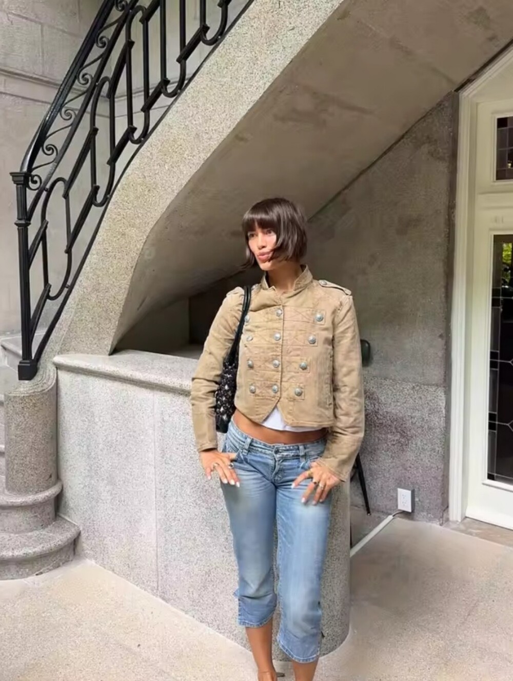 Women Vintage Cropped Military Jacket Fashion Stand Collar Double Breasted Long - Picture 5 of 7